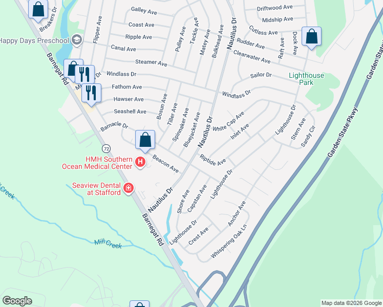 map of restaurants, bars, coffee shops, grocery stores, and more near 115 Bluejacket Avenue in Stafford Township