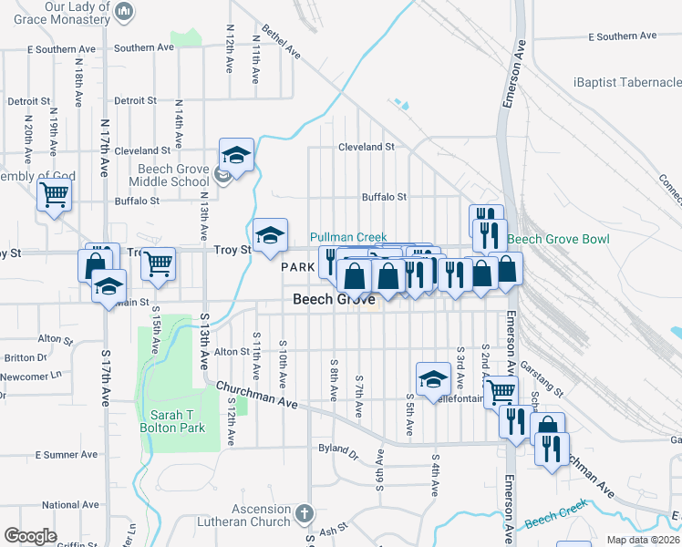 map of restaurants, bars, coffee shops, grocery stores, and more near 78 North 8th Avenue in Beech Grove