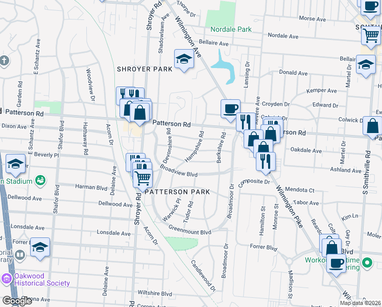 map of restaurants, bars, coffee shops, grocery stores, and more near 823 Buckingham Road in Dayton