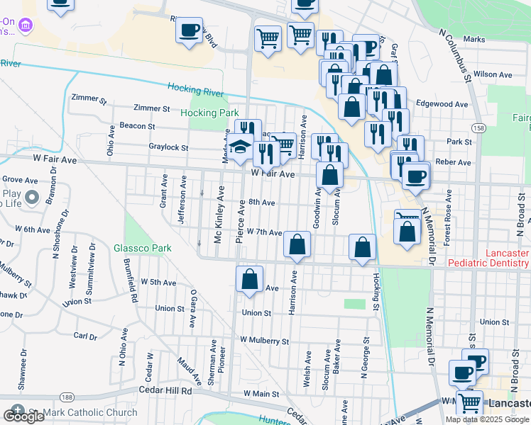 map of restaurants, bars, coffee shops, grocery stores, and more near 740 Garfield Avenue in Lancaster