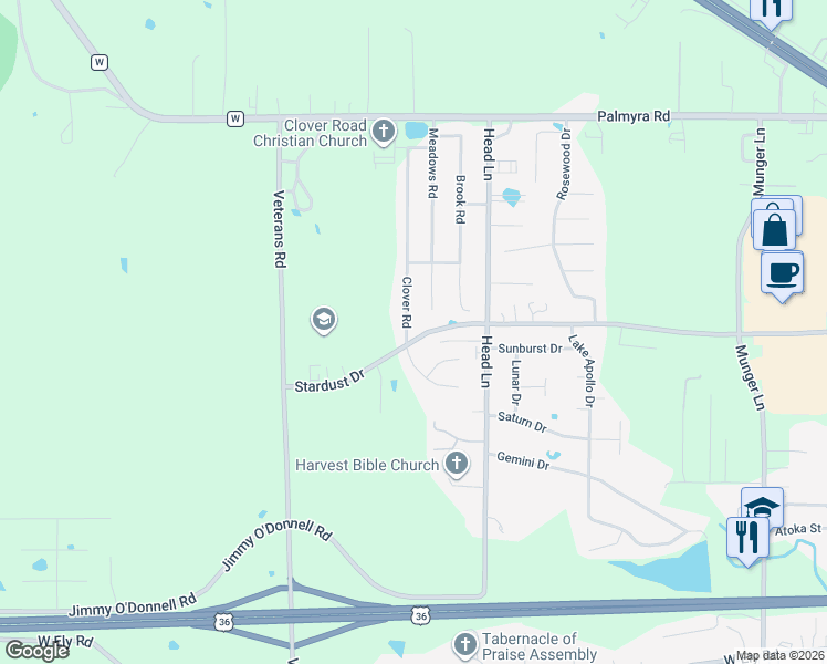 map of restaurants, bars, coffee shops, grocery stores, and more near 625 Clover Road in Hannibal