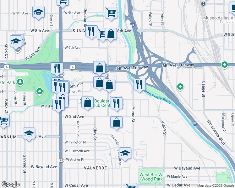 map of restaurants, bars, coffee shops, grocery stores, and more near 400-498 Bryant St in Denver