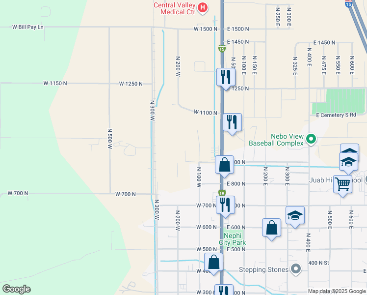 map of restaurants, bars, coffee shops, grocery stores, and more near 954 North 100 West in Nephi
