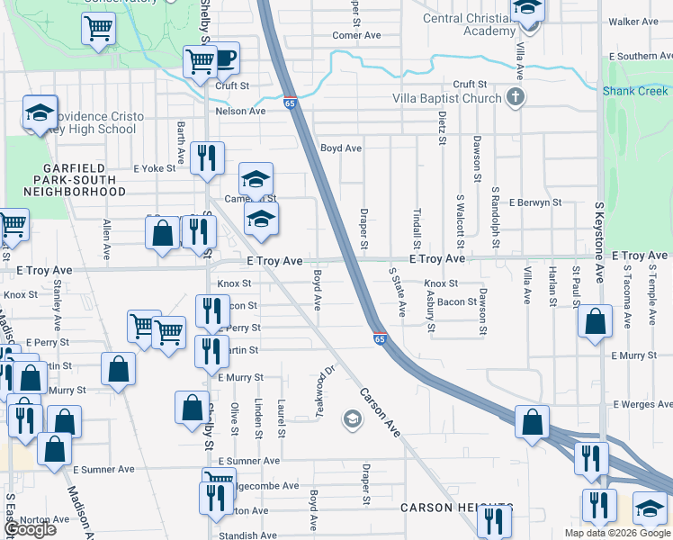 map of restaurants, bars, coffee shops, grocery stores, and more near 1523 East Troy Avenue in Indianapolis