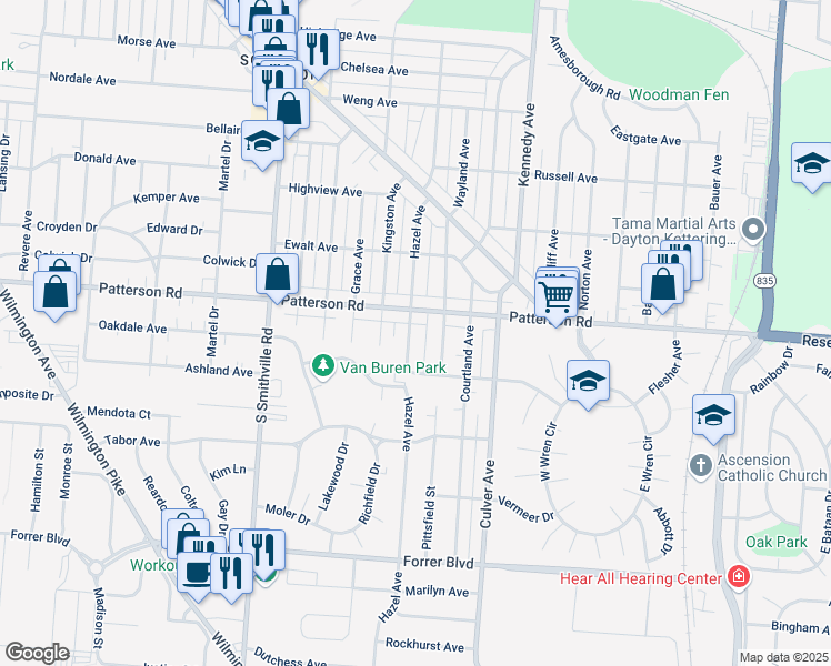 map of restaurants, bars, coffee shops, grocery stores, and more near 1812 Hazel Avenue in Kettering