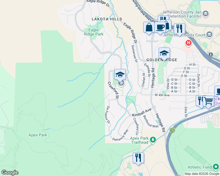 map of restaurants, bars, coffee shops, grocery stores, and more near 450 Crawford Street in Golden