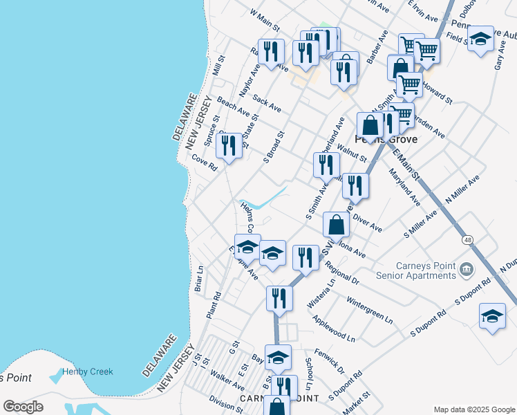 map of restaurants, bars, coffee shops, grocery stores, and more near 37 Summerill Avenue in Penns Grove