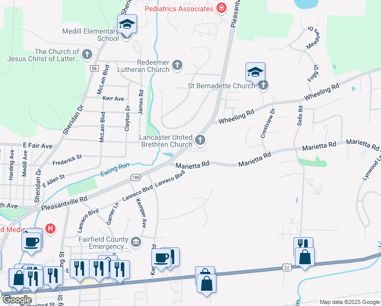 map of restaurants, bars, coffee shops, grocery stores, and more near 1101 Pleasantville Road in Lancaster