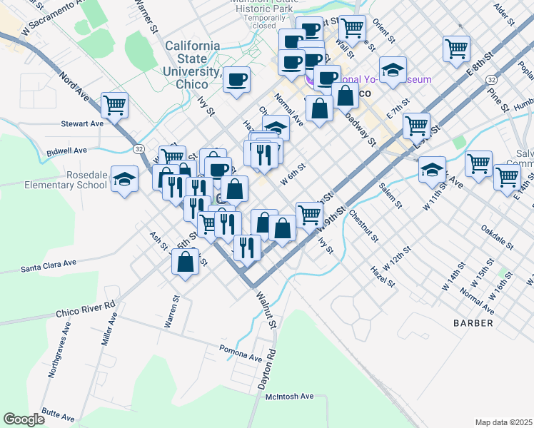 map of restaurants, bars, coffee shops, grocery stores, and more near 636 Cherry Street in Chico