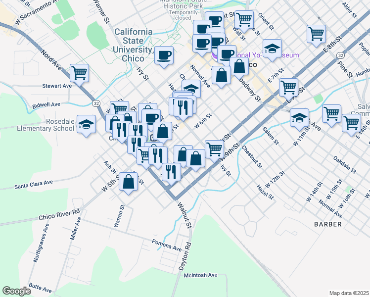 map of restaurants, bars, coffee shops, grocery stores, and more near 636 Cherry Street in Chico