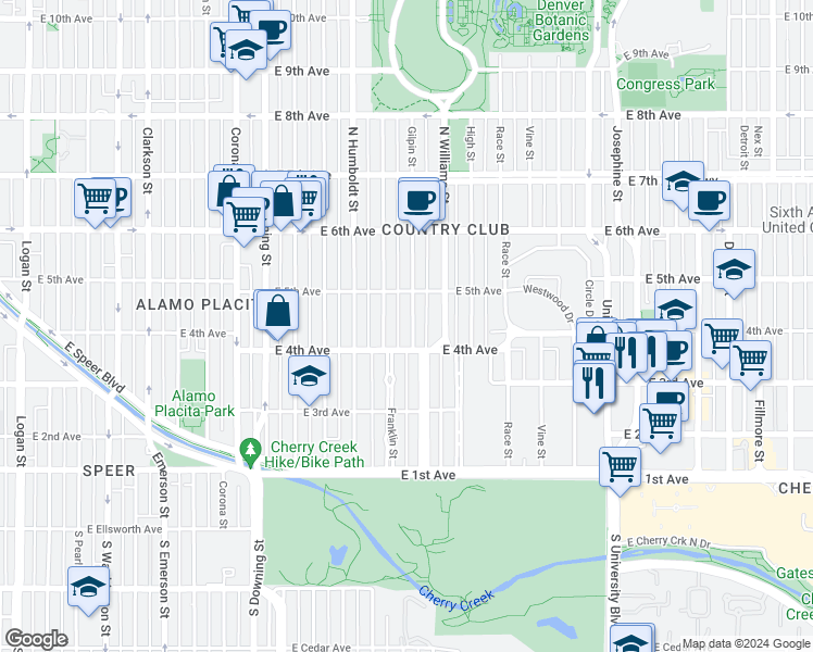 map of restaurants, bars, coffee shops, grocery stores, and more near 433 Gilpin Street in Denver