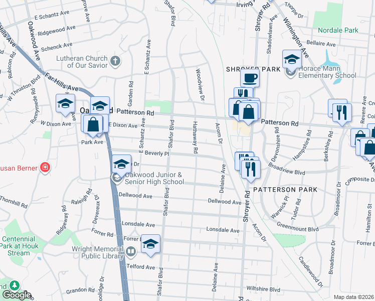 map of restaurants, bars, coffee shops, grocery stores, and more near 230 Wisteria Drive in Dayton