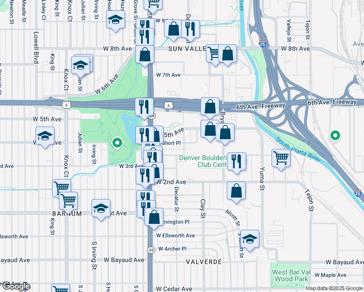 map of restaurants, bars, coffee shops, grocery stores, and more near 2809 West Short Place in Denver