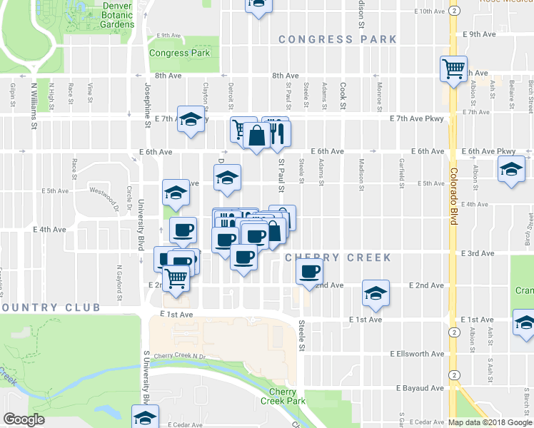 map of restaurants, bars, coffee shops, grocery stores, and more near 400 Milwaukee Street in Denver