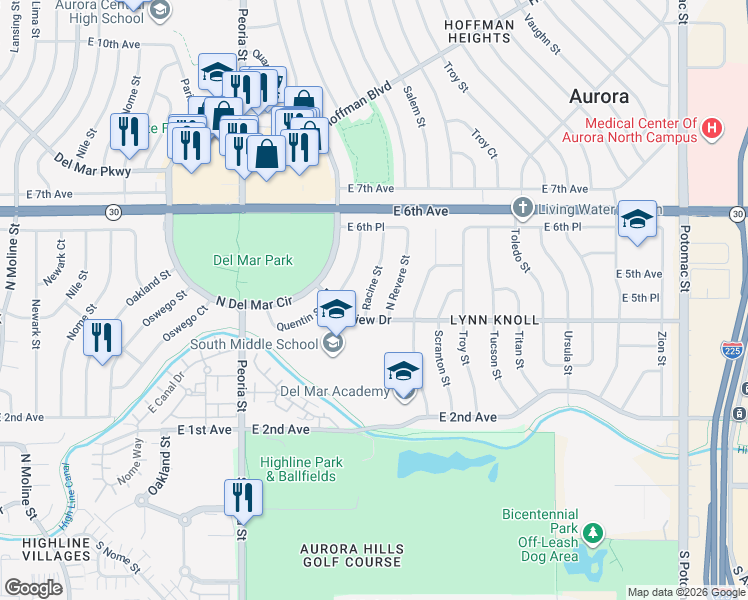 map of restaurants, bars, coffee shops, grocery stores, and more near 455 North Revere Street in Aurora
