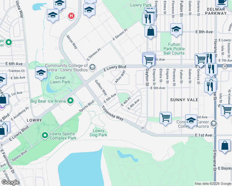 map of restaurants, bars, coffee shops, grocery stores, and more near 525 Alton Way in Denver