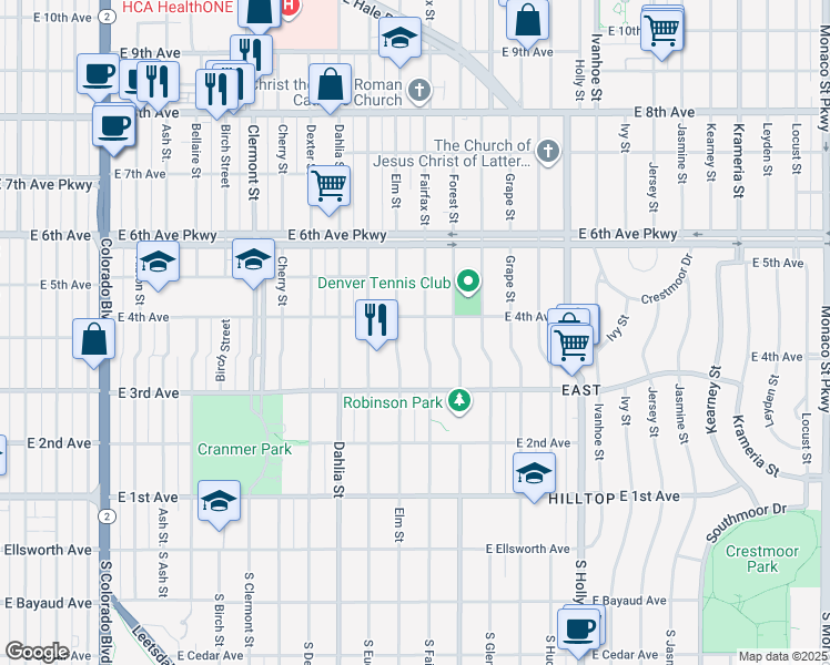 map of restaurants, bars, coffee shops, grocery stores, and more near 386 Fairfax Street in Denver