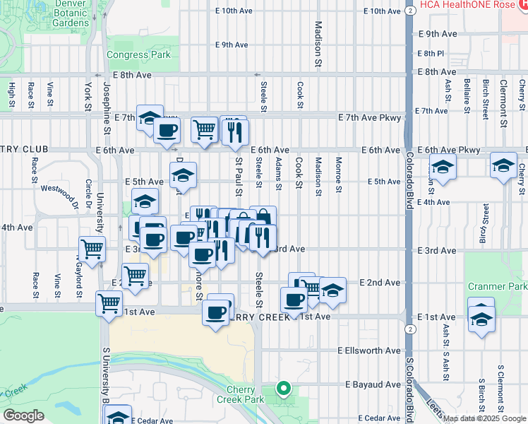 map of restaurants, bars, coffee shops, grocery stores, and more near 417 Adams Street in Denver