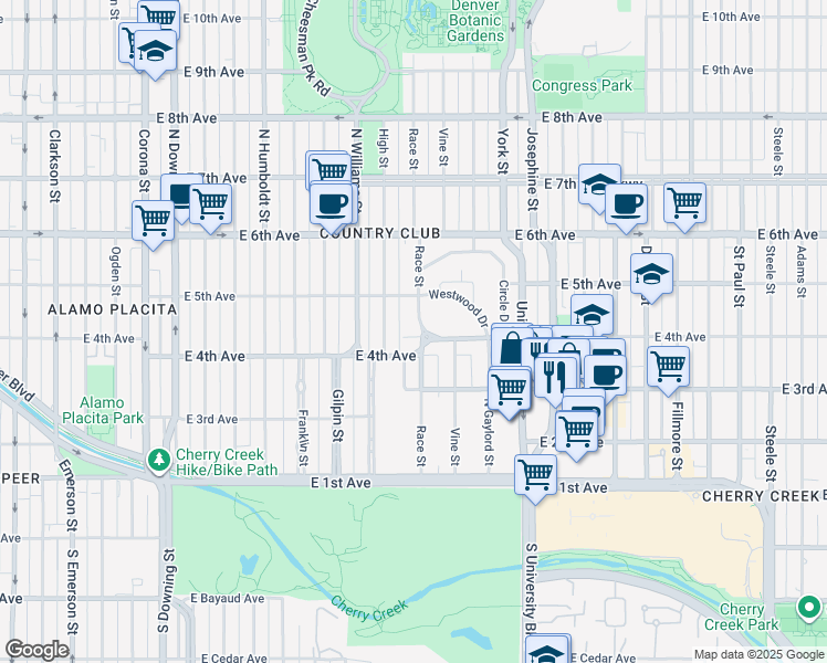 map of restaurants, bars, coffee shops, grocery stores, and more near 419 Race Street in Denver