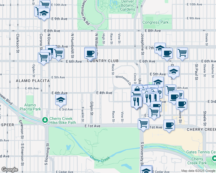 map of restaurants, bars, coffee shops, grocery stores, and more near 419 Race Street in Denver
