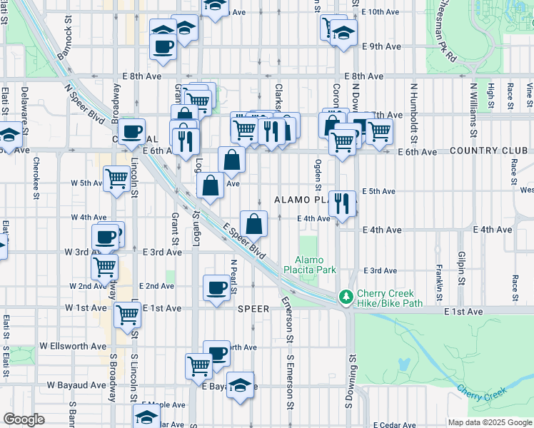 map of restaurants, bars, coffee shops, grocery stores, and more near 425 North Washington Street in Denver