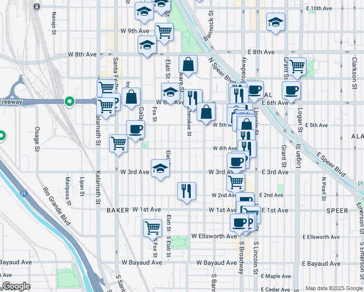 map of restaurants, bars, coffee shops, grocery stores, and more near 417 Cherokee Street in Denver