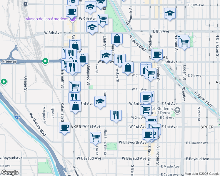 map of restaurants, bars, coffee shops, grocery stores, and more near 421 Elati Street in Denver