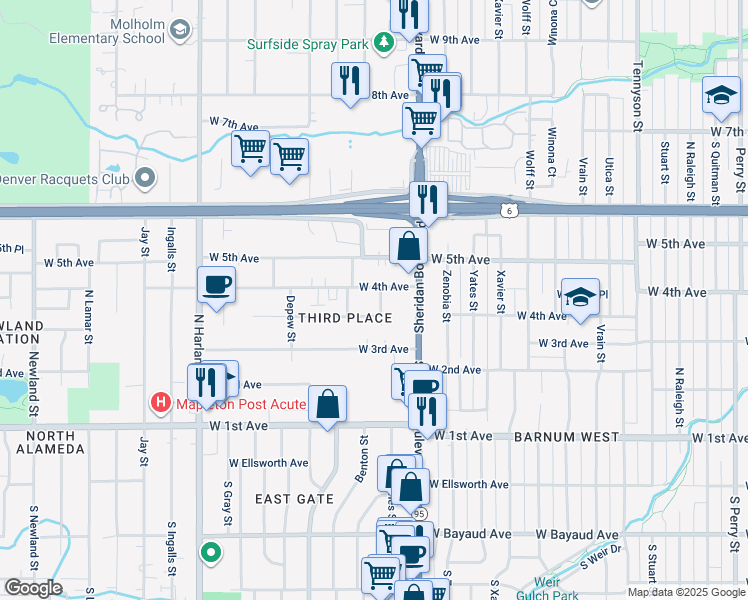 map of restaurants, bars, coffee shops, grocery stores, and more near 5330 West 4th Avenue in Lakewood