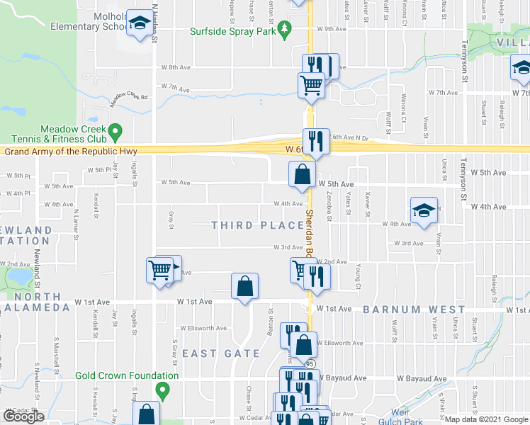 map of restaurants, bars, coffee shops, grocery stores, and more near 5330 West 4th Avenue in Lakewood