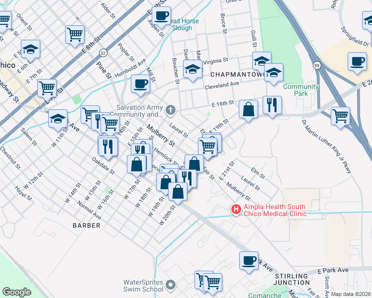 map of restaurants, bars, coffee shops, grocery stores, and more near 1807 Mulberry Street in Chico