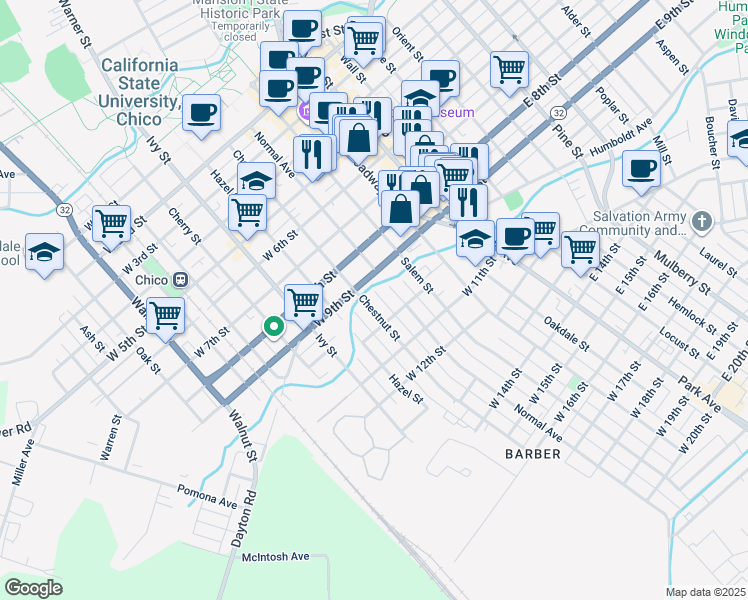 map of restaurants, bars, coffee shops, grocery stores, and more near 930 Normal Avenue in Chico