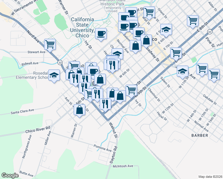map of restaurants, bars, coffee shops, grocery stores, and more near 743 West 6th Street in Chico