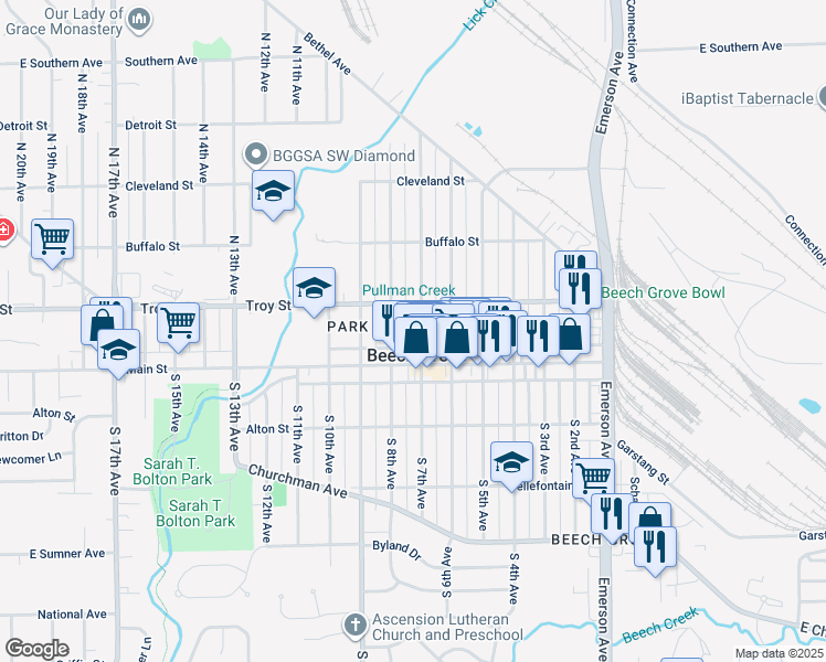 map of restaurants, bars, coffee shops, grocery stores, and more near 75 North 7th Avenue in Beech Grove