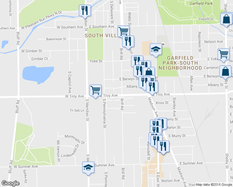 map of restaurants, bars, coffee shops, grocery stores, and more near 2936 Brill Road in Indianapolis