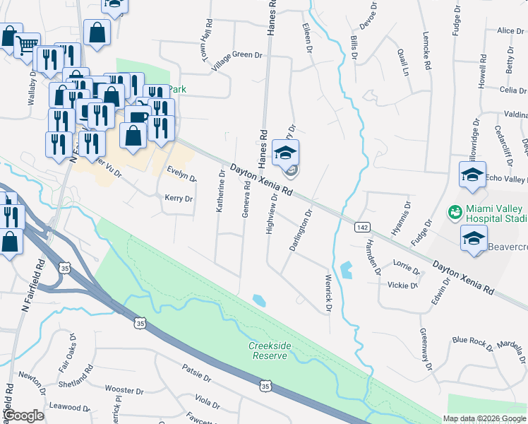 map of restaurants, bars, coffee shops, grocery stores, and more near 1167 Highview Drive in Dayton