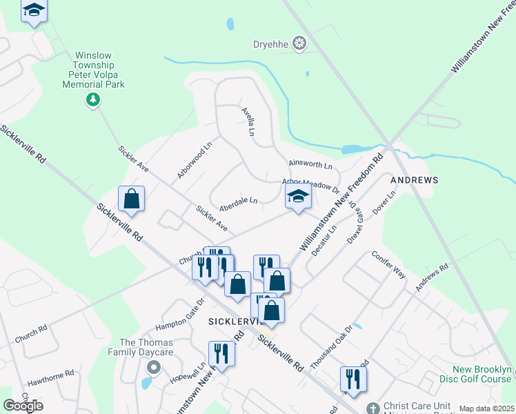 map of restaurants, bars, coffee shops, grocery stores, and more near 19 Aberdale Lane in Sicklerville