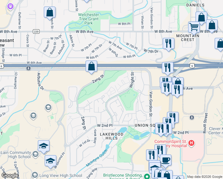 map of restaurants, bars, coffee shops, grocery stores, and more near 439 Wright Street in Lakewood