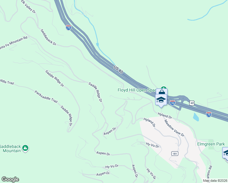 map of restaurants, bars, coffee shops, grocery stores, and more near 370 Saddleback Drive in Evergreen