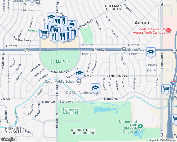 map of restaurants, bars, coffee shops, grocery stores, and more near 455 North Revere Street in Aurora