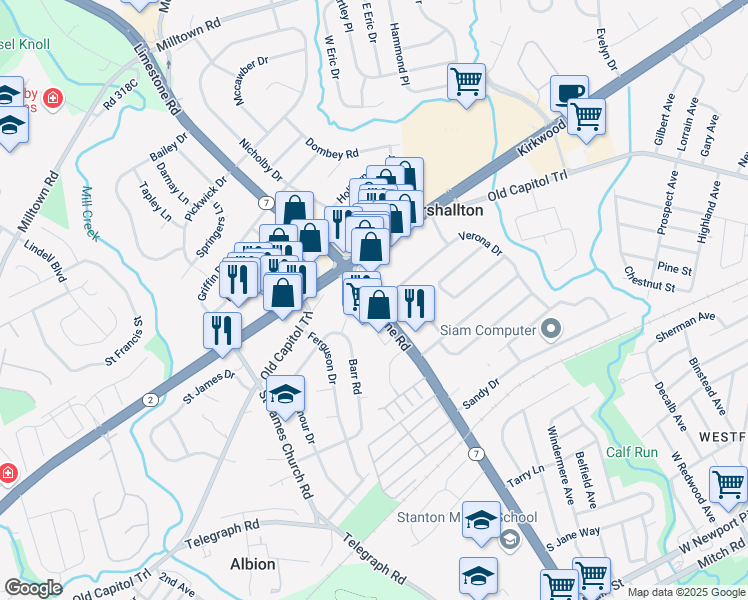 map of restaurants, bars, coffee shops, grocery stores, and more near 2083 Limestone Road in Wilmington