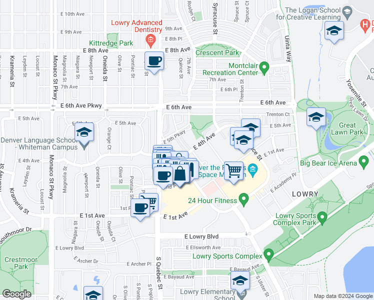 map of restaurants, bars, coffee shops, grocery stores, and more near 3 East 4th Avenue in Denver