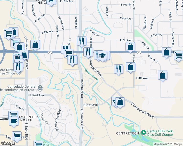 map of restaurants, bars, coffee shops, grocery stores, and more near 475 North Helena Court in Aurora