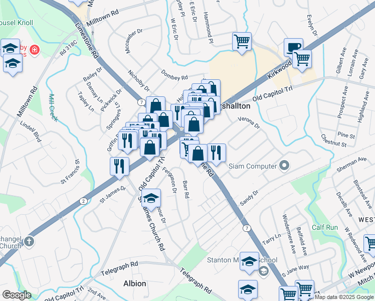 map of restaurants, bars, coffee shops, grocery stores, and more near 2082 Limestone Road in Wilmington