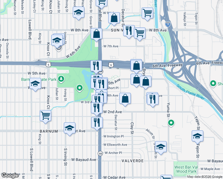 map of restaurants, bars, coffee shops, grocery stores, and more near 2931 West Short Place in Denver