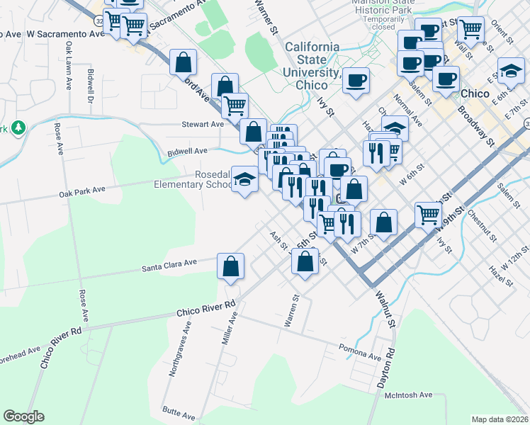 map of restaurants, bars, coffee shops, grocery stores, and more near 220 Oak Street in Chico
