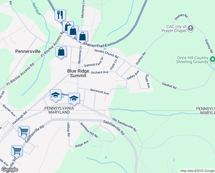 map of restaurants, bars, coffee shops, grocery stores, and more near 15413 Norwood Avenue in Blue Ridge Summit