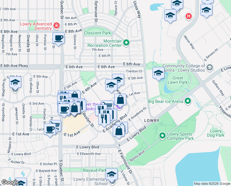 map of restaurants, bars, coffee shops, grocery stores, and more near 217 North Spruce Street in Denver