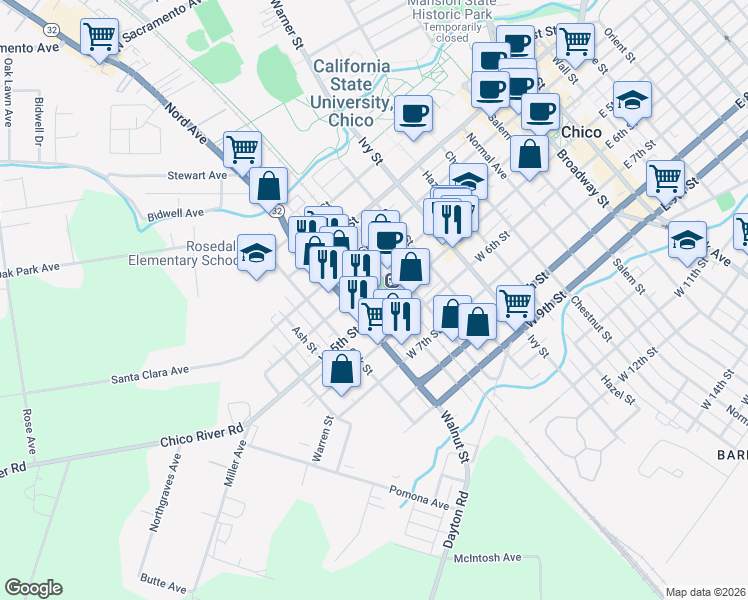 map of restaurants, bars, coffee shops, grocery stores, and more near 432 Cedar Street in Chico