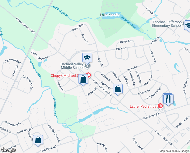 map of restaurants, bars, coffee shops, grocery stores, and more near 45 Jupiter Drive in Washington Township