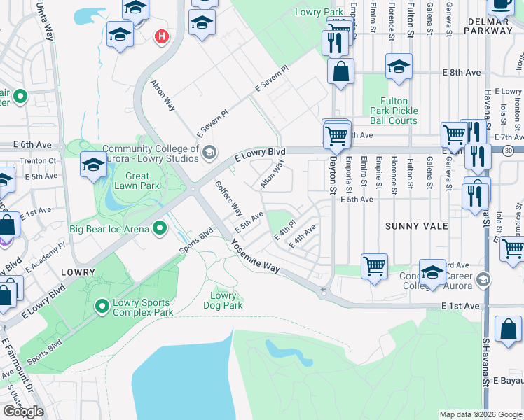 map of restaurants, bars, coffee shops, grocery stores, and more near 525 Alton Way in Denver